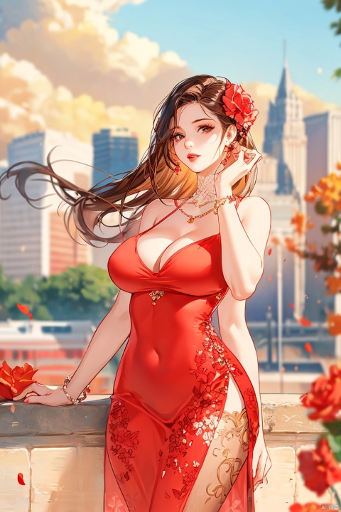  1girl, solo, long hair, huge breasts, looking at viewer, large breasts, brown hair, hair ornament, dress, cleavage, brown eyes, upper body, flower, parted lips, solo focus, hair flower, blurry, lips, see-through, floral print, red dress, ground vehicle, red lips, Rainbow foil, aliekexie