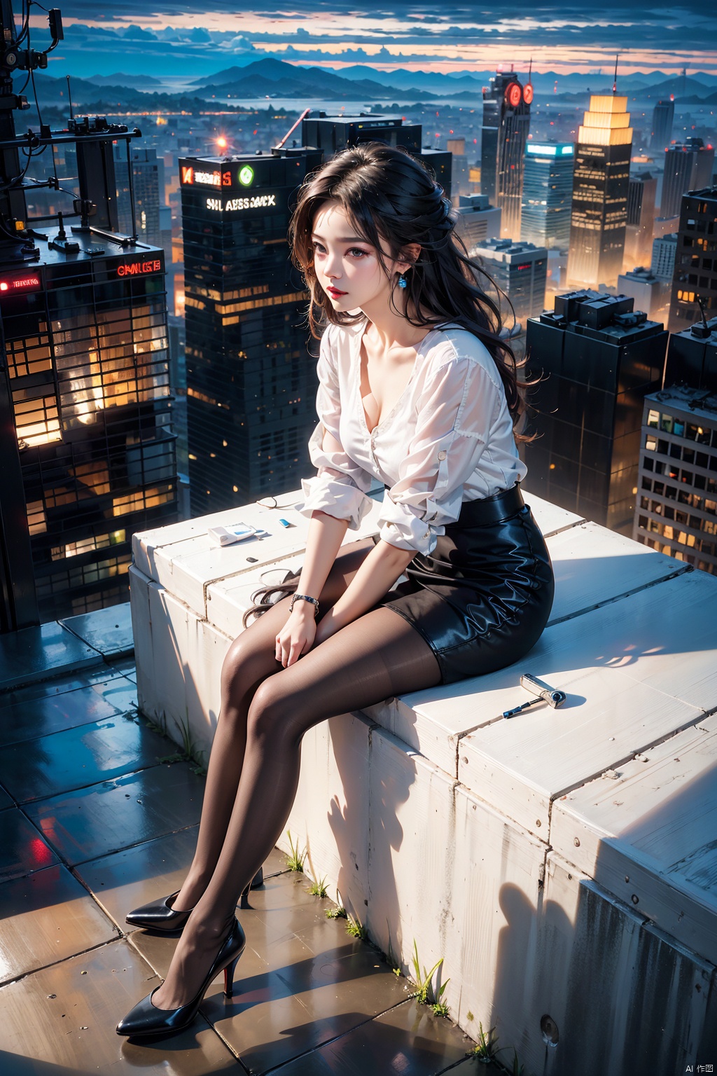  (extremely detailed CG unity 8k wallpaper),(ultra-detailed),masterpiece,best quality,,\\,,1 girl,robot cyborg realistic full body,black pantyhose,cyberpunk,sitting on roof,cityscape,night,building,skyscraper,multicolored hair,lift hair,from above,
, xiqing, 1girl,high_heels,pencil_skirt