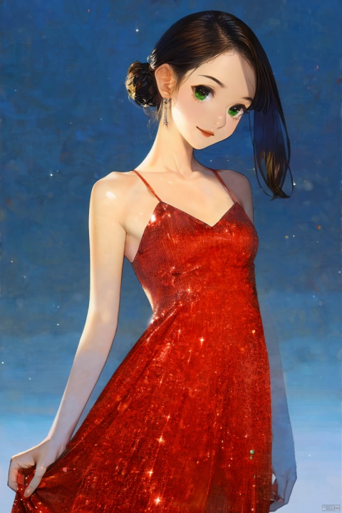  1girl,by yomu,amazing quality,photorealistic,detailed,beautiful color,beautiful, solo, long hair, breasts, looking at viewer, simple background, brown hair, black hair, dress, cleavage, bare shoulders, jewelry, medium breasts, green eyes, earrings, sleeveless, grey background, lips, gradient, gradient background, makeup, red dress, qianjin