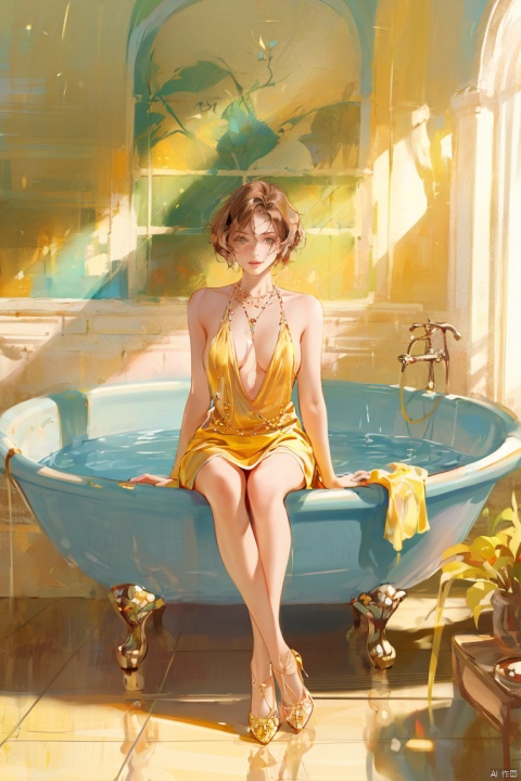 1girl, solo, looking at viewer, short hair, brown hair, dress, jewelry, sitting, full body, parted lips, necklace, high heels, sandals, realistic, yellow dress, bathtub, yellow footwear