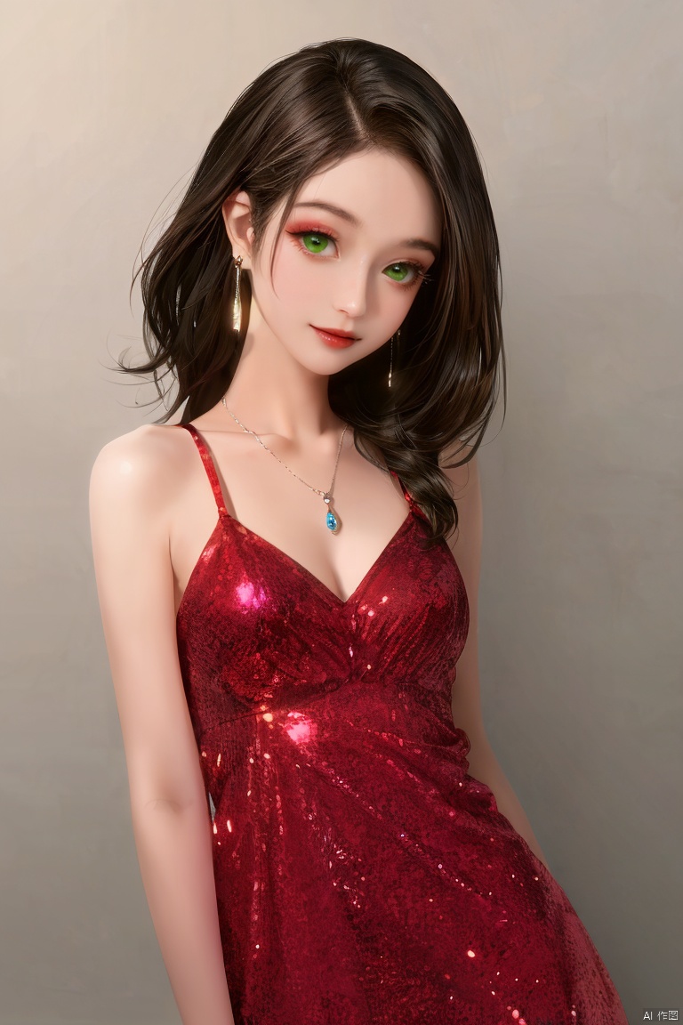  1girl,by ,amazing quality,photorealistic,detailed,beautiful color,beautiful, solo, long hair, breasts, looking at viewer, simple background, brown hair, black hair, dress, cleavage, bare shoulders, jewelry, medium breasts, green eyes, earrings, sleeveless, grey background, lips, gradient, gradient background, makeup, red dress, qianjin