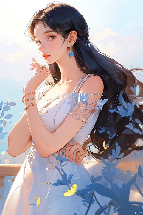 1girl, solo, long hair, looking at viewer, black hair, dress, jewelry, standing, earrings, white dress, black eyes, bracelet, lips, ring, realistic, arms at sides, guidao