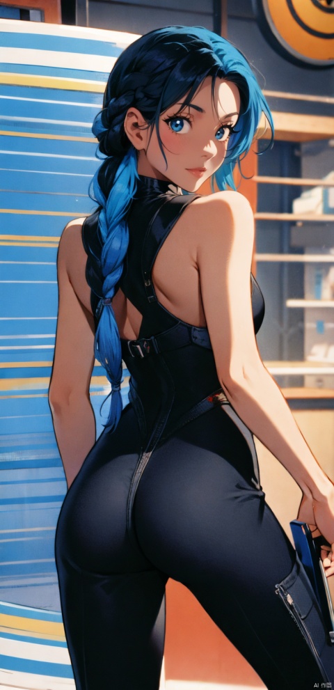 1girl, solo, long hair, breasts, looking at viewer, black hair, holding, bare shoulders, blue hair, ass, braid, multicolored hair, looking back, dark skin, from behind, dark-skinned female, bodysuit, black bodysuit, surfboard