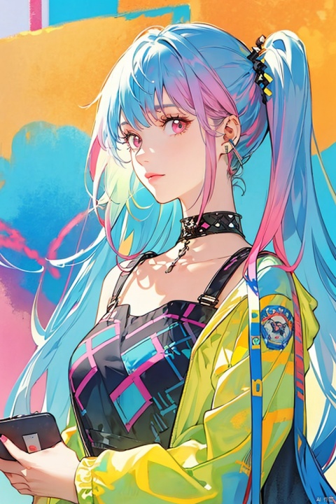 1girl, solo, long hair, looking at viewer, bangs, closed mouth, blue hair, upper body, pink hair, multicolored hair, pink eyes, multicolored eyes, multicolored background, colorful, abstract, rainbow hair