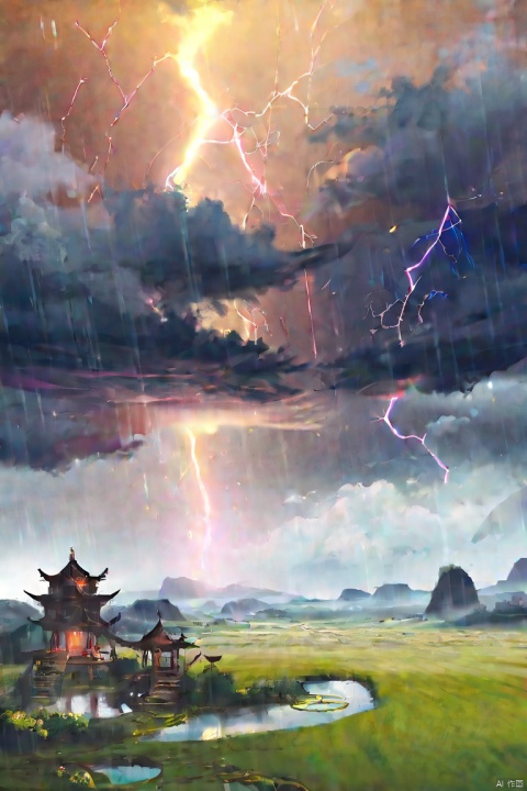 by gomzi, by wlop, (score_9,score_8_up,score_7_up,score_6_up,score_5_up), ancient chinese style, The clouds darken as if about to rain, the water ripples and mist rises, amidst the thunderous roar of lightning splitting the sky asunder