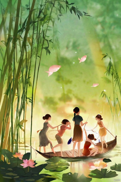  by ajimita, (score_9,score_8_up,score_7_up,score_6_up,score_5_up), ancient chinese style, The bamboo rustles as the laundry girls return; the lotus stirs as the fishing boats descend.