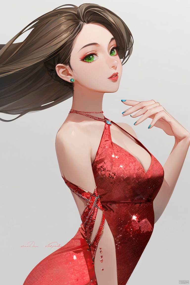 1girl,by ,amazing quality,photorealistic,detailed,beautiful color,beautiful, solo, long hair, breasts, looking at viewer, simple background, brown hair, black hair, dress, cleavage, bare shoulders, jewelry, medium breasts, green eyes, earrings, sleeveless, grey background, lips, gradient, gradient background, makeup, red dress