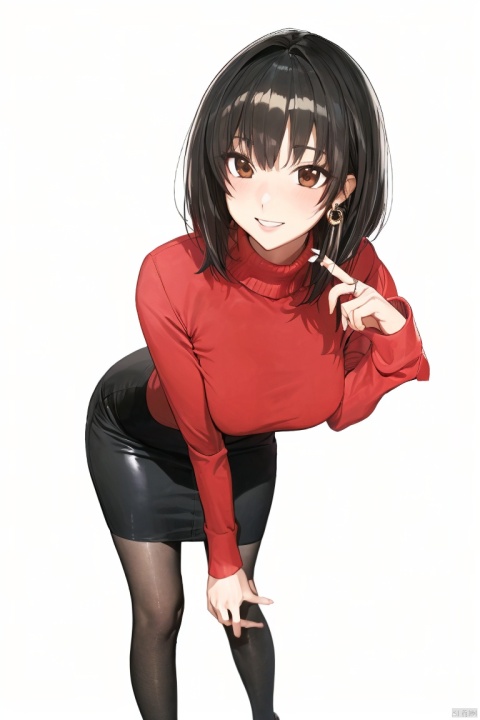 1girl,by 5eyo,amazing quality,photorealistic,detailed,beautiful color,beautiful, solo, breasts, looking at viewer, smile, short hair, skirt, large breasts, simple background, brown hair, shirt, long sleeves, white background, brown eyes, standing, full body, pantyhose, earrings, parted lips, shiny, black skirt, black footwear, high heels, hand on hip, turtleneck, red shirt, pencil skirt, shiny clothes, high-waist skirt, office lady