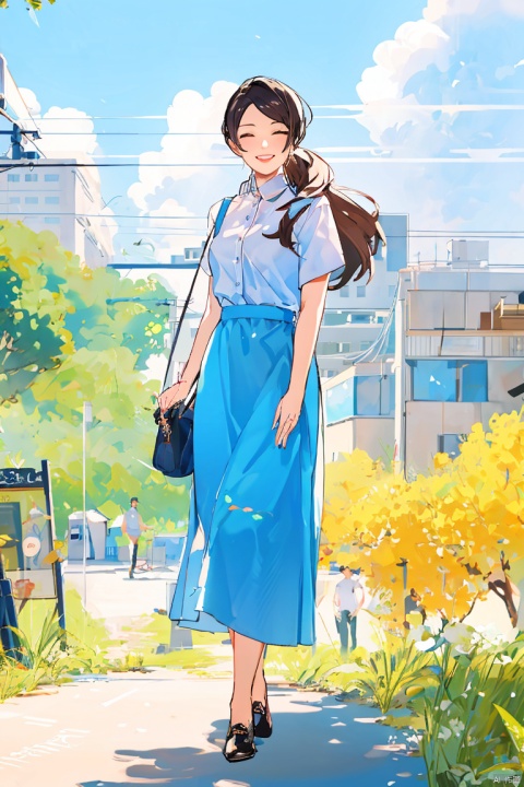  1girl, solo, long hair, smile, skirt, brown hair, shirt, standing, closed eyes, white shirt, short sleeves, outdoors, sky, day, collared shirt, cloud, bag, blue sky, floating hair, cloudy sky, grass, green skirt, wind, shoulder bag, mountain, sign, road, Chinese lady painting, style by snatti, 2D ConceptualDesign, flatillustration