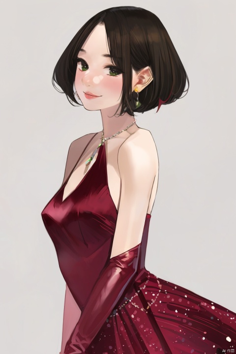  1girl,by yomu,amazing quality,photorealistic,detailed,beautiful color,beautiful, solo, long hair, breasts, looking at viewer, simple background, brown hair, black hair, dress, cleavage, bare shoulders, jewelry, medium breasts, green eyes, earrings, sleeveless, grey background, lips, gradient, gradient background, makeup, red dress, guidao