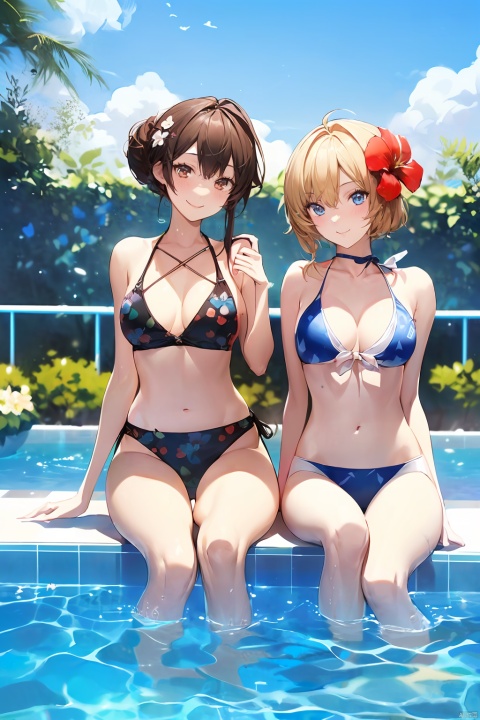 2girls,by ,amazing quality,photorealistic,detailed,beautiful color,beautiful,long hair, breasts, looking at viewer, blush, smile, open mouth, bangs, multiple girls, blonde hair, brown hair, black hair, hair ornament, navel, 2girls, cleavage, bare shoulders, brown eyes, medium breasts, sitting, closed mouth, collarbone, swimsuit, flower, bikini, thighs, small breasts, outdoors, choker, day, hair flower, medium hair, water, stomach, side-tie bikini bottom, black choker, floral print, blue bikini, pool, soaking feet, poolside