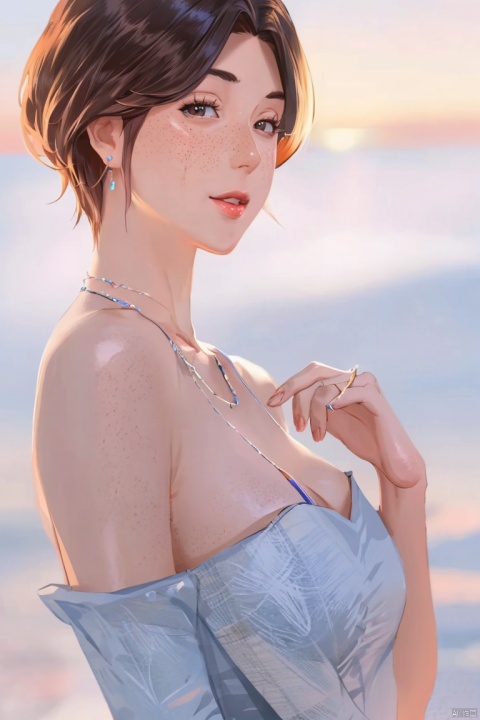  1girl, by ,amazing quality,photorealistic,detailed,beautiful color,beautiful,solo, breasts, looking at viewer, short hair, blonde hair, large breasts, brown hair, dress, cleavage, jewelry, earrings, parted lips, necklace, white dress, lips, ring, freckles, realistic