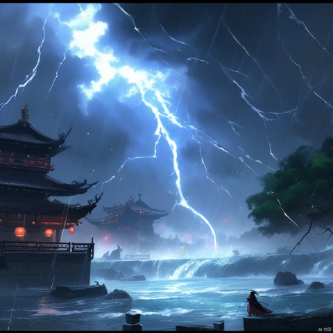  by wlop, (score_9,score_8_up,score_7_up,score_6_up,score_5_up), ancient chinese style, The clouds darken as if about to rain, the water ripples and mist rises, amidst the thunderous roar of lightning splitting the sky asunder