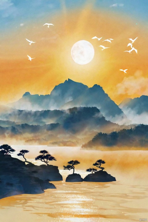  by ajimita, (score_9,score_8_up,score_7_up,score_6_up,score_5_up), ancient chinese style, The white sun sets behind mountains, and the yellow river flows into the sea.