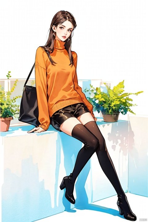 1girl, solo, long hair, looking at viewer, brown hair, thighhighs, long sleeves, holding, brown eyes, jewelry, sitting, full body, earrings, boots, shorts, artist name, bag, black footwear, high heels, sweater, lips, book, shadow, thigh boots, black shorts, crossed legs, plant, high heel boots, realistic, red sweater, Gauze Skirt, , mLD, longlegs