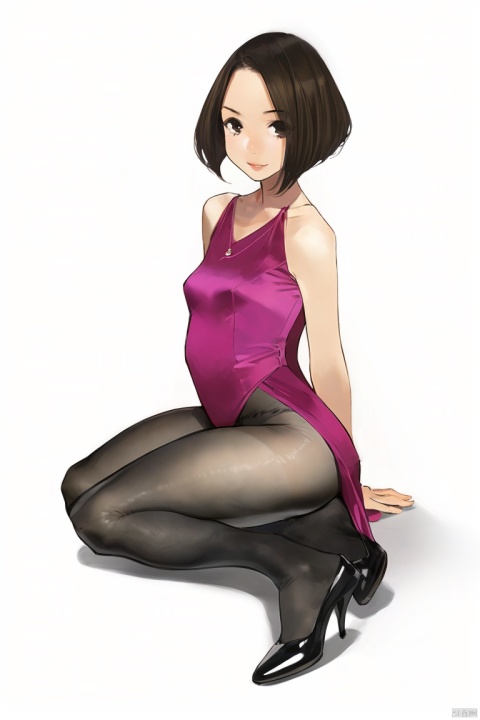 1girl, by yomu,amazing quality,photorealistic,detailed,beautiful color,beautiful,solo, simple background, white background, pantyhose, thighs, shoes, black footwear, high heels, see-through, legs, shadow, squatting, shiny clothes, brown pantyhose, lower body, see-through legwear, stiletto heels