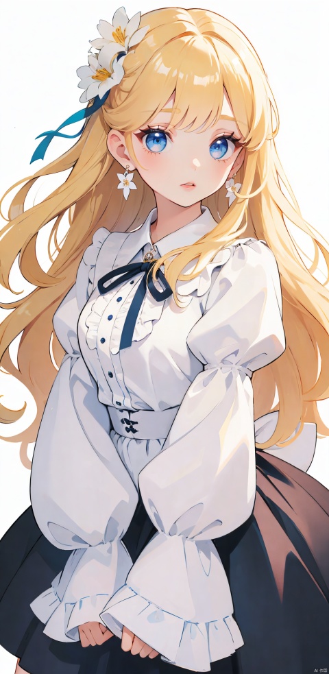 1girl, solo, long hair, skirt, blonde hair, simple background, shirt, long sleeves, white background, ribbon, jewelry, blue eyes, white shirt, flower, earrings, parted lips, puffy sleeves, black skirt, lips, eyelashes, makeup, white flower, blouse, facing viewer, high-waist skirt, v arms, red lips