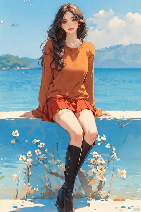 1girl, solo, long hair, looking at viewer, brown hair, thighhighs, long sleeves, holding, brown eyes, jewelry, sitting, full body, earrings, boots, shorts, artist name, bag, black footwear, high heels, sweater, lips, book, shadow, thigh boots, black shorts, crossed legs, plant, high heel boots, realistic, red sweater, Gauze Skirt, , mLD