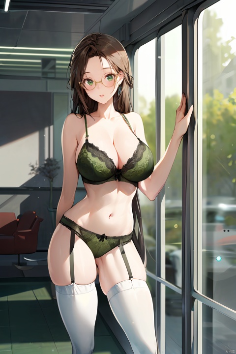 1girl, by ,amazing quality,photorealistic,detailed,beautiful color,beautiful,solo, huge breasts, looking at viewer, blush, large breasts, brown hair, thighhighs, navel, cleavage, underwear, panties, glasses, indoors, bra, garter straps, arms behind back, lingerie, garter belt, mature female, korean text, green panties, green bra, brown_hair