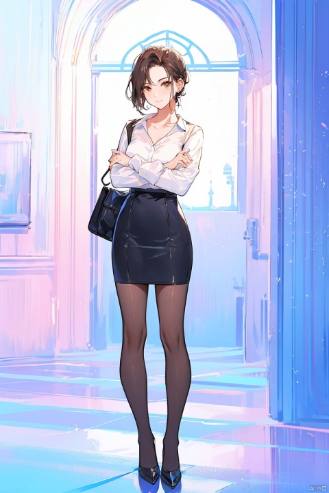 1girl, solo, long hair, breasts, looking at viewer, skirt, simple background, brown hair, shirt, long sleeves, white background, brown eyes, closed mouth, standing, collarbone, full body, white shirt, pantyhose, black skirt, bag, black footwear, high heels, black pantyhose, crossed arms, pencil skirt, high-waist skirt, handbag, office lady, 1girl, cacao, oil painting