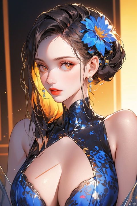 1girl, solo, long hair, huge breasts, looking at viewer, large breasts, brown hair, hair ornament, dress, cleavage, brown eyes, upper body, flower, parted lips, solo focus, hair flower, blurry, lips, see-through, floral print, red dress, ground vehicle, red lips, klein_blue