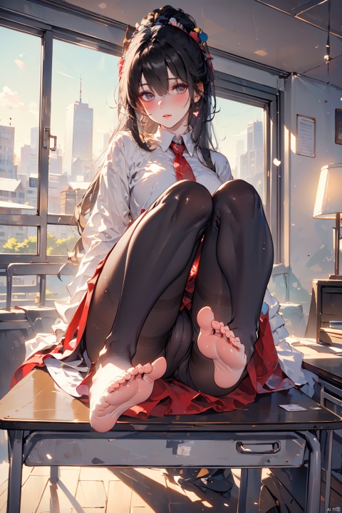  1girl, by ,amazing quality,photorealistic,detailed,beautiful color,beautiful,solo, long hair, looking at viewer, blush, bangs, black hair, sitting, underwear, panties, full body, ass, heart, pantyhose, indoors, mole, hair over one eye, feet, legs, grey eyes, black pantyhose, toes, arm support, no shoes, soles, foreshortening, desk, foot focus, on desk, TT, MizarFeet,