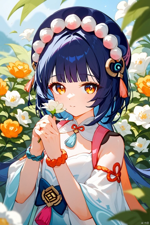  (score_9,score_8_up,score_7_up,score_6_up,score_5_up,score_4_up),1girl, solo, beautiful hair, colorful exquisite dress, holding, jewelry, closed mouth, flower, bracelet, hands up, plant, white flower, hair over shoulder, yun jin \(genshin impact\)