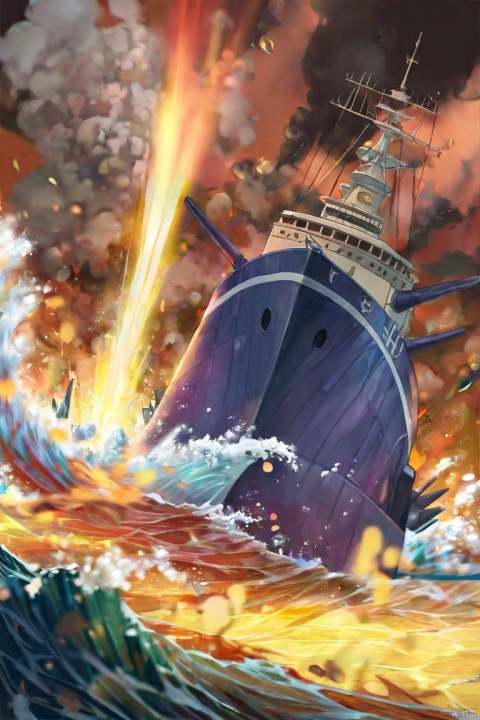  The fierce Leviathan, its scales a deep oceanic blue, rises from the depths of the sea to confront a fleet of naval warships armed with cannons and torpedoes, its mighty tail churning the waves into a frothy maelstrom that capsizes several vessels, as it spews forth a geyser of water that drenches the sailors in salty brine.