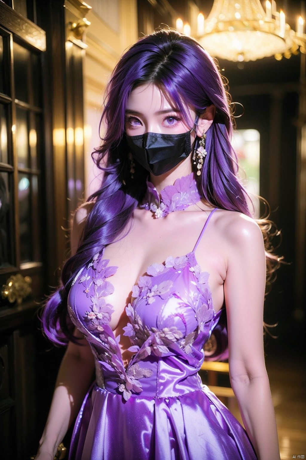 TT,1girl, solo,big breasts,realistic,breasts,big breasts,(mouth mask:1.3),high collar,{(high collar formal_dress,high collar evening_gown),(purple hair:1.5),(purple eyes:1.2)},(purple contact lenses:1.2),bare_shoulders,cinematic lighting, depth of field, Fujifilm, (film grain),Fujicolor,glowing light, YOYK, qianjin, 1girl,moyou, yunbin