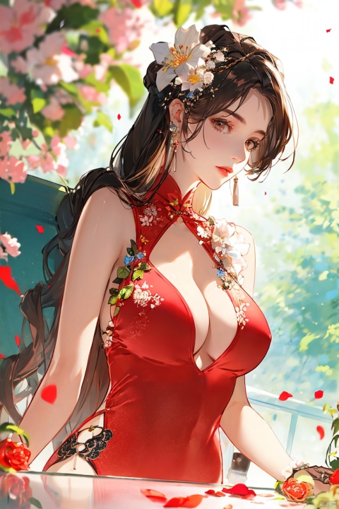  1girl, solo, long hair, huge breasts, looking at viewer, large breasts, brown hair, hair ornament, dress, cleavage, brown eyes, upper body, flower, parted lips, solo focus, hair flower, blurry, lips, see-through, floral print, red dress, ground vehicle, red lips, watercolor \(medium\), Ink scattering_Chinese style