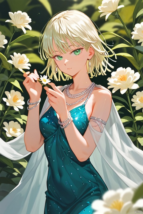  (score_9,score_8_up,score_7_up,score_6_up,score_5_up,score_4_up),1girl, solo, beautiful hair,colorful exquisite dress, holding, jewelry, closed mouth, flower, bracelet, hands up, plant, white flower, hair over shoulder,fubuki\(one punch man\)