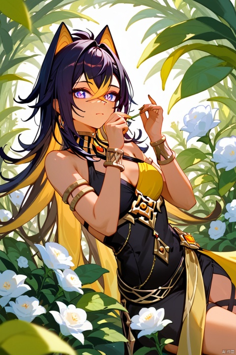  (score_9,score_8_up,score_7_up,score_6_up,score_5_up,score_4_up),1girl, solo, beautiful hair, colorful exquisite dress, holding, jewelry, closed mouth, flower, bracelet, hands up, plant, white flower, hair over shoulder,dehya \(genshin impact\)