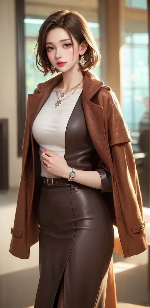  1girl, solo, looking at viewer, short hair, brown hair, jewelry, standing, coat, earrings, belt, necklace, bracelet, makeup, ring, lipstick, watch, red lips, wristwatch, sufei, yunbin