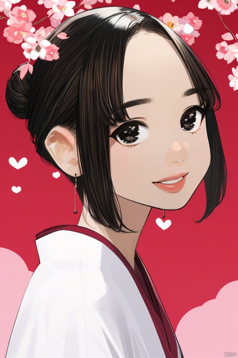 1girl, by yomu,amazing quality,photorealistic,detailed,beautiful color,beautiful,solo, looking at viewer, short hair, black hair, closed mouth, upper body, multicolored hair, japanese clothes, kimono, hair bun, black eyes, lips, single hair bun, portrait, white kimono, branch, red lips