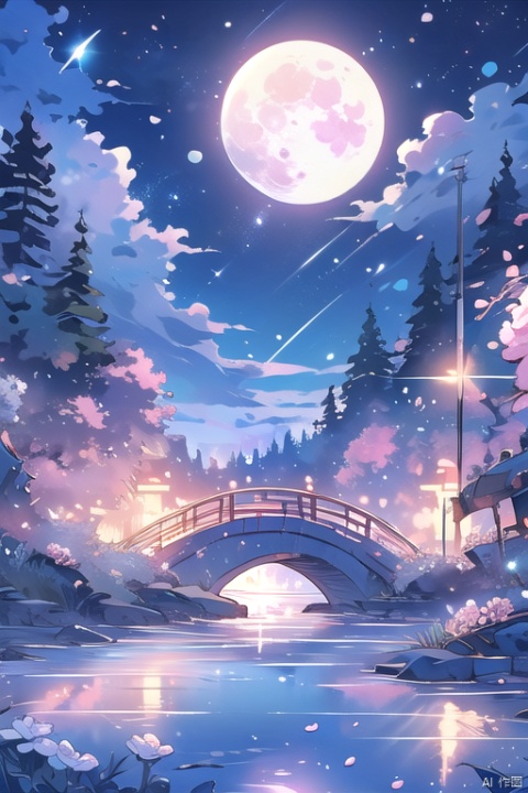  outdoors,full moon,night,flower,cherry blossoms,sky,tree,pink flower flying around,night sky,no humans,masterpiece,illustration,extremely fine and beautiful,perfect details,stream,
