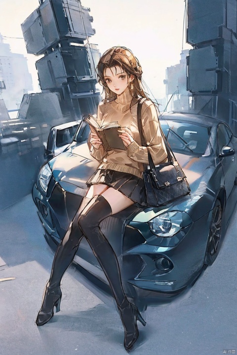 1girl, solo, long hair, looking at viewer, brown hair, thighhighs, long sleeves, holding, brown eyes, jewelry, sitting, full body, earrings, boots, shorts, artist name, bag, black footwear, high heels, sweater, lips, book, shadow, thigh boots, black shorts, crossed legs, plant, ground vehicle, motor vehicle, high heel boots, realistic, car, red sweater, Gauze Skirt, hologram girl