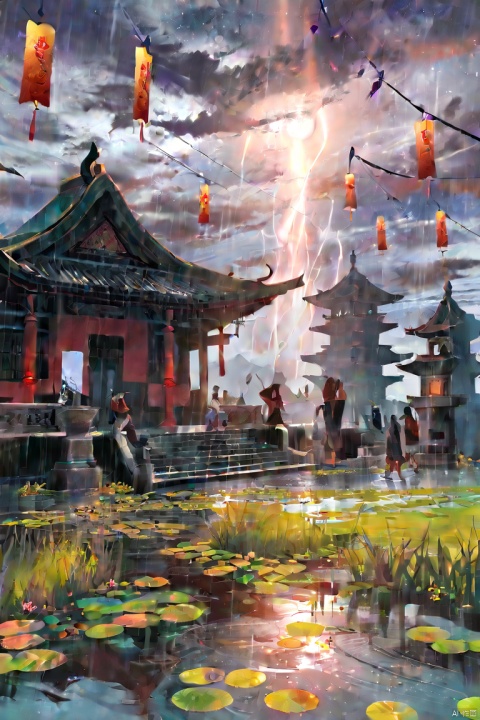 by arutera, by wlop, (score_9,score_8_up,score_7_up,score_6_up,score_5_up), ancient chinese style, The clouds darken as if about to rain, the water ripples and mist rises, amidst the thunderous roar of lightning splitting the sky asunder