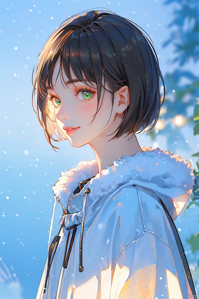 1girl, solo, looking at viewer, blush, smile, short hair, bangs, brown hair, black hair, closed mouth, green eyes, upper body, blurry, lips, coat, fur trim, bob cut, snow, snowing, white coat, winter clothes