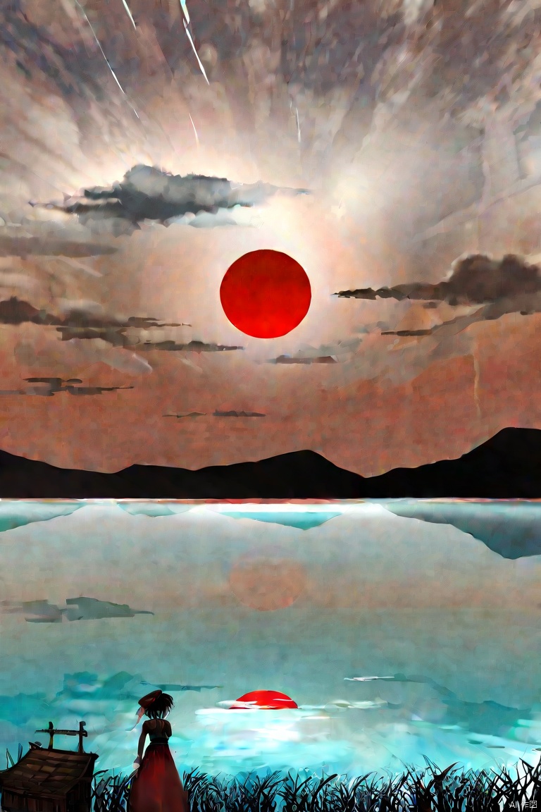 by narue, by ajimita, (score_9,score_8_up,score_7_up,score_6_up,score_5_up), ancient chinese style, round red sun, The clouds darken as if about to rain, the water ripples and mist rises, amidst the thunderous roar of lightning splitting the sky asunder