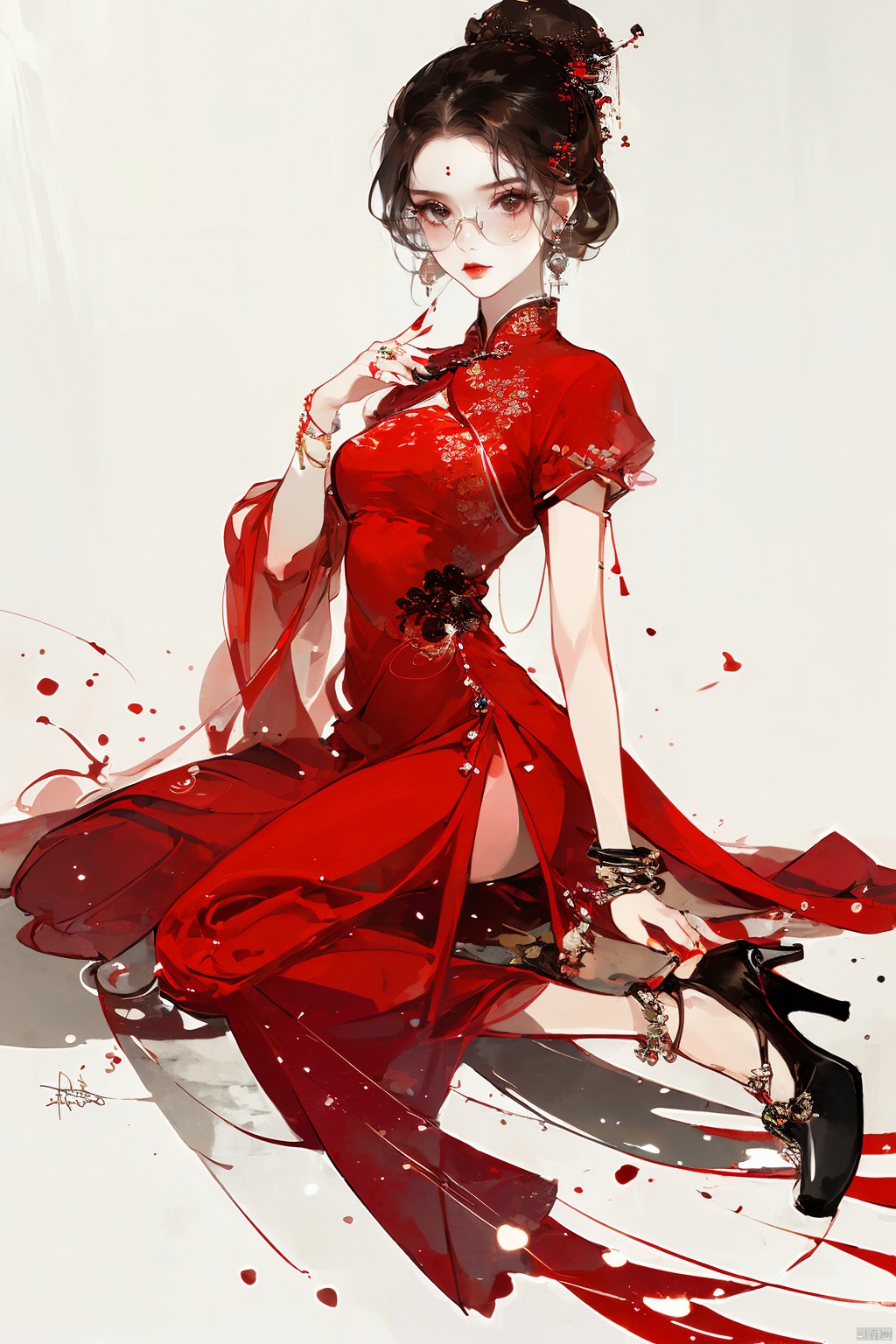 1girl, solo, breasts, looking at viewer, short hair, black hair, dress, brown eyes, jewelry, sitting, full body, short sleeves, pantyhose, earrings, glasses, signature, nail polish, black footwear, high heels, bracelet, chinese clothes, red dress, china dress, red nails, round eyewear