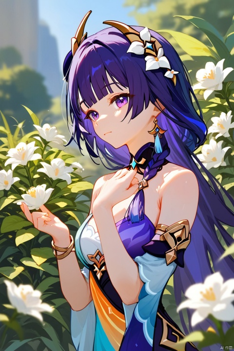  (score_9,score_8_up,score_7_up,score_6_up,score_5_up,score_4_up),1girl, solo, beautiful hair, colorful exquisite dress, holding, jewelry, closed mouth, flower, bracelet, hands up, plant, white flower, hair over shoulder, raiden \(genshin impact\)