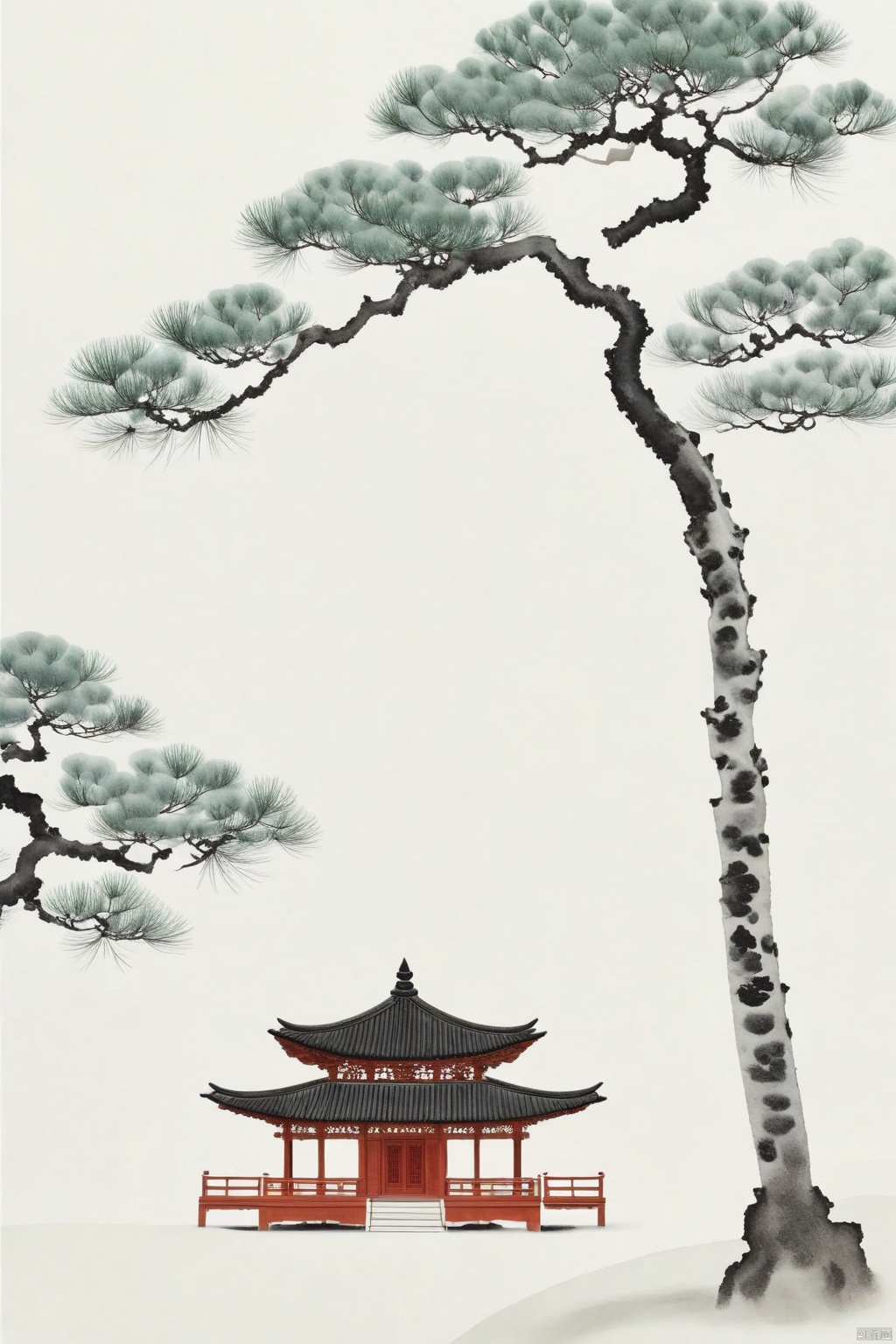 Ancient pavilions, paths, pine trees, large areas of white space, clean background, minimalism