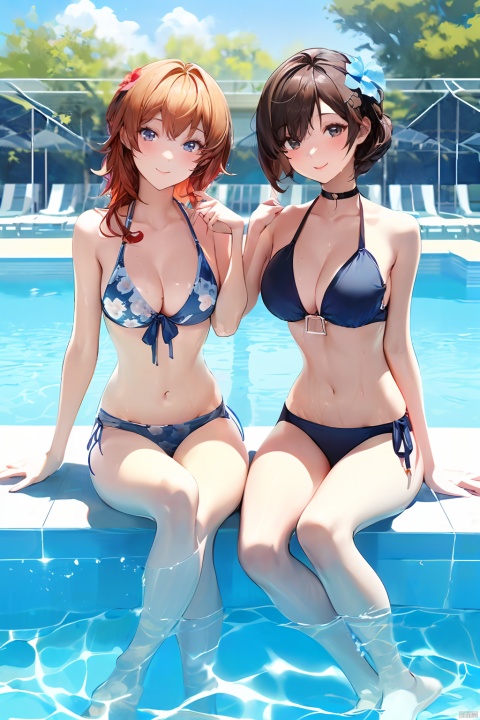 2girls,by ,amazing quality,photorealistic,detailed,beautiful color,beautiful,long hair, breasts, looking at viewer, blush, smile, open mouth, bangs, multiple girls, blonde hair, brown hair, black hair, hair ornament, navel, 2girls, cleavage, bare shoulders, brown eyes, medium breasts, sitting, closed mouth, collarbone, swimsuit, flower, bikini, thighs, small breasts, outdoors, choker, day, hair flower, medium hair, water, stomach, side-tie bikini bottom, black choker, floral print, blue bikini, pool, soaking feet, poolside