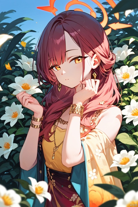  (score_9,score_8_up,score_7_up,score_6_up,score_5_up,score_4_up),1girl, solo, beautiful hair, colorful exquisite dress, holding, jewelry, closed mouth, flower, bracelet, hands up, plant, white flower, hair over shoulder, Aru\(blue archive\)