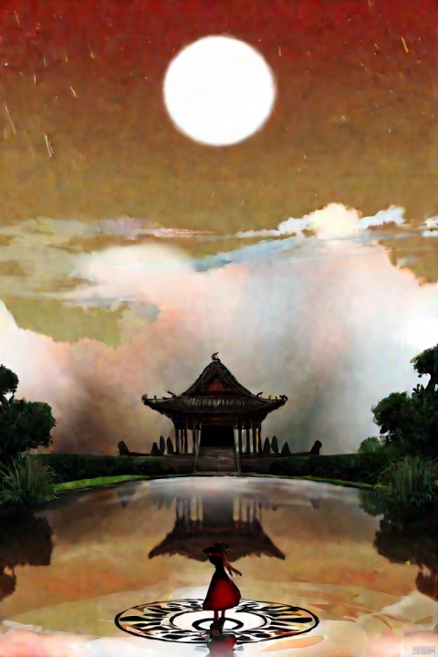 by narue, (score_9,score_8_up,score_7_up,score_6_up,score_5_up), ancient chinese style, round red sun, The clouds darken as if about to rain, the water ripples and mist rises, amidst the thunderous roar of lightning splitting the sky asunder
