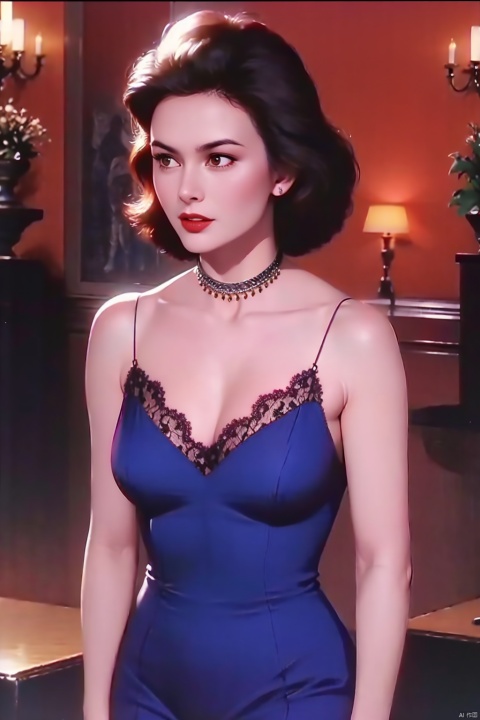  Dvd screengrab, from 1985 dark fantasy film, vintage style art, Kodachrome Photograph of a woman with pronounced hyper - feminine features designed to attract marriage - minded woman, hyper - realistic, high detail, realsitic shadow, cowboy shot, jumpsuits, lace, cleave, v shape collar, collarbone, 