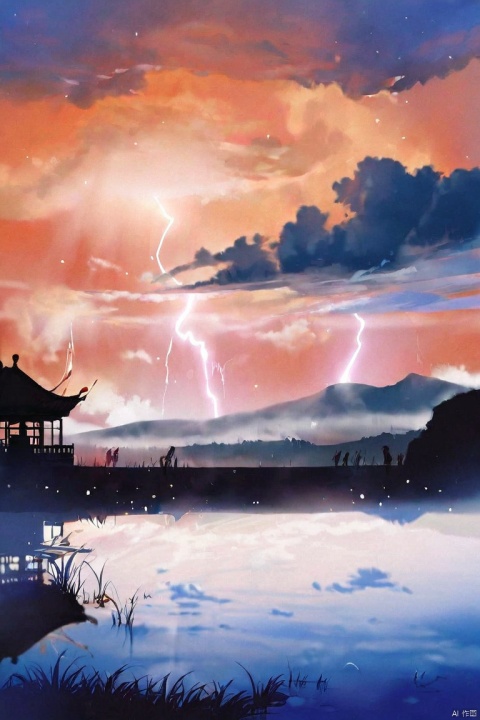  by ajimita, (score_9,score_8_up,score_7_up,score_6_up,score_5_up), ancient chinese style, The clouds darken as if about to rain, the water ripples and mist rises, amidst the thunderous roar of lightning splitting the sky asunder