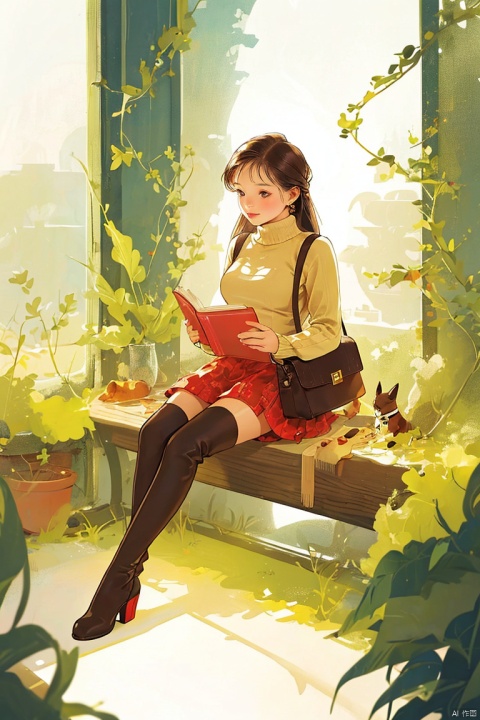 1girl, solo, long hair, looking at viewer, brown hair, thighhighs, long sleeves, holding, brown eyes, jewelry, sitting, full body, earrings, boots, shorts, artist name, bag, black footwear, high heels, sweater, lips, book, shadow, thigh boots, black shorts, crossed legs, plant, high heel boots, realistic, red sweater, Gauze Skirt, 