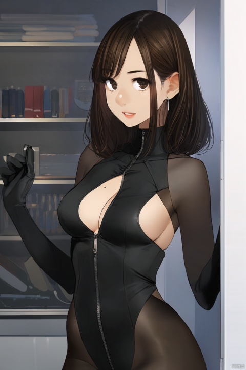 1girl, by yomu,amazing quality,photorealistic,detailed,beautiful color,beautiful,solo, long hair, breasts, looking at viewer, large breasts, black hair, gloves, cleavage, brown eyes, standing, cowboy shot, earrings, black gloves, indoors, lips, clothing cutout, bodysuit, cleavage cutout, skin tight, zipper, black bodysuit, unzipped, office