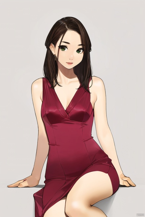 1girl,by yomu,amazing quality,photorealistic,detailed,beautiful color,beautiful, solo, long hair, breasts, looking at viewer, simple background, brown hair, black hair, dress, cleavage, bare shoulders, jewelry, medium breasts, green eyes, earrings, sleeveless, grey background, lips, gradient, gradient background, makeup, red dress